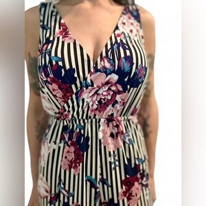 Floral Black and White Striped Wideleg V-Neck Jumpsuit